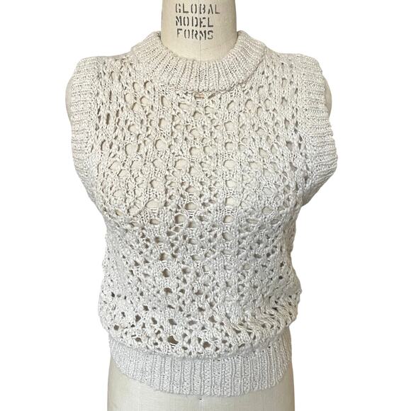 AMOMENTO Crochet Sleeveless Knit Sweater in Oatmeal Cream Size Small - Picture 2 of 9